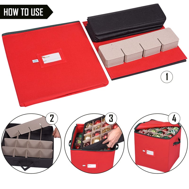 Primode Christmas Ornament Storage Box, 4 Individual Trays Xmas Storage Container, Fits 64 Ornaments Decoration Balls, Constructed of Durable Polyester Material (Red) - Image 4